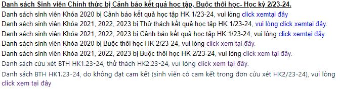 Danh sách chính thức các sinh viên bị cảnh cáo về mặt học thuật và buộc phải đuổi học được đăng trên trang web của trường đại học. (Ảnh chụp màn hình)