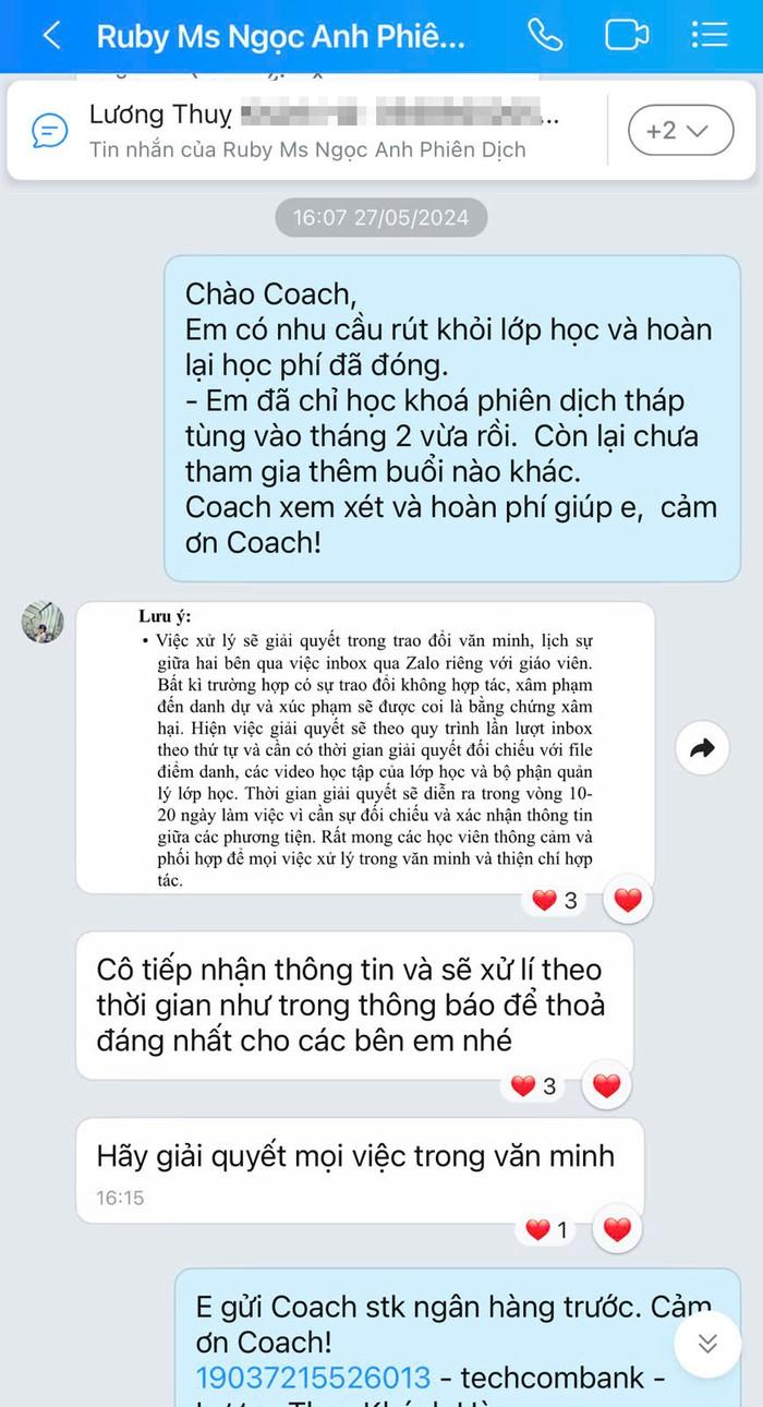 Tin nhắn giữa sinh viên và cô Ngọc Anh về việc hoàn lại học phí.