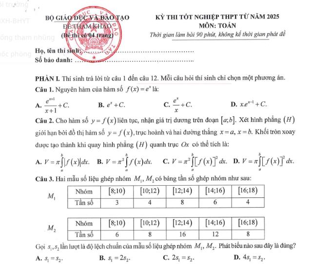 Phần 1 đề thi tham khảo môn Toán thi tốt nghiệp THPT năm 2025