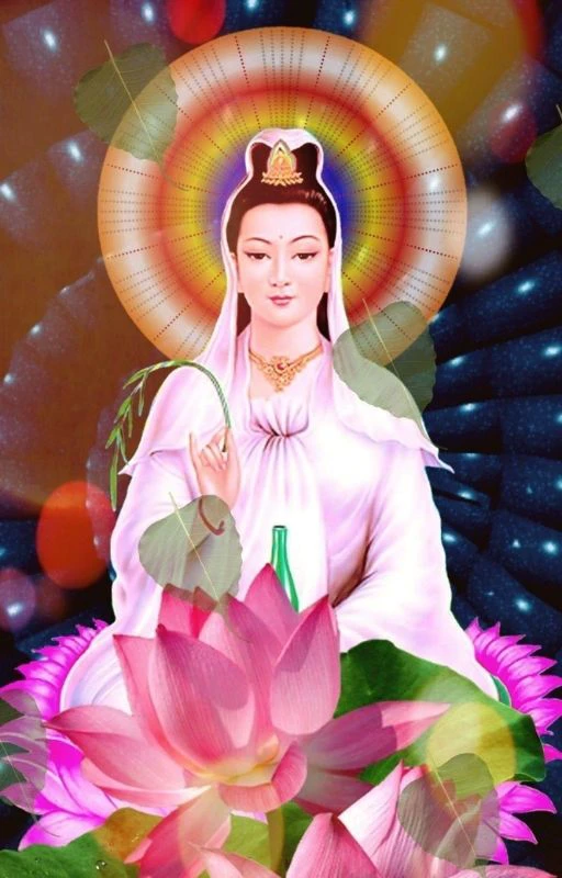 Wallpaper of Guan Yin Buddha meditating on a lotus flower