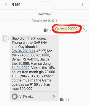 Hình ảnh giao dịch thành công mã Garena 20k