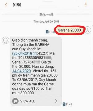 Hình ảnh giao dịch thành công mã Garena 20k