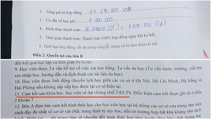 Đóng học phí gần 25 triệu đồng cùng cam kết đạt chuẩn đầu ra IELTS nhưng con chị Hà không đạt kết quả như cam kết của trung tâm. (ảnh NVCC)