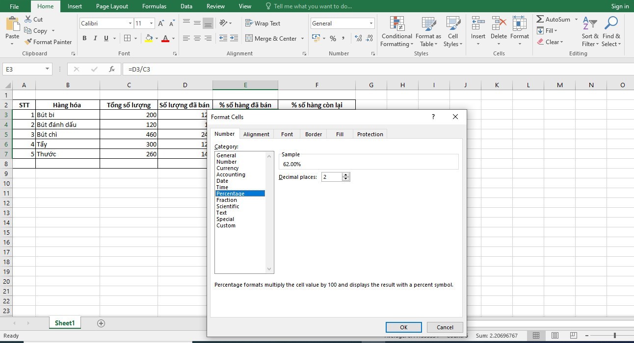 tính toán phần trăm
