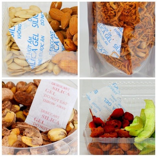 Silicagel dùng để hút ẩm trong các gói kẹo, mứt