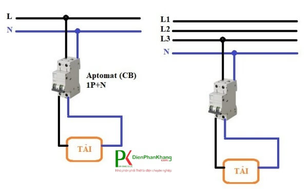 Sơ đồ đấu dây Aptomat 1 pha 2 cực