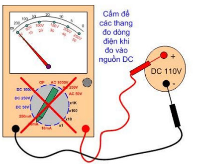 Cấm bật thang đo dòng điện khi đo bằng nguồn DC